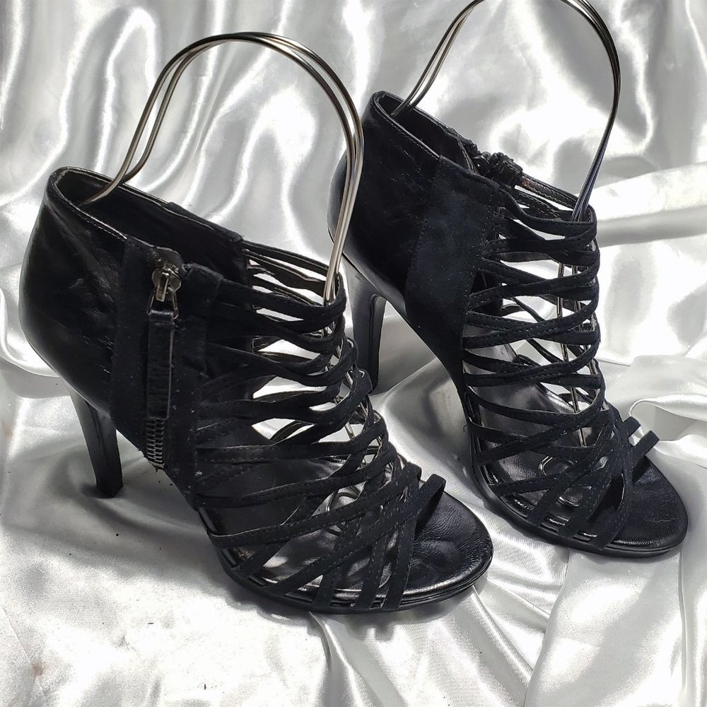 NINE WEST black caged leather platform high heel sandals EMPRYSS SZ 7